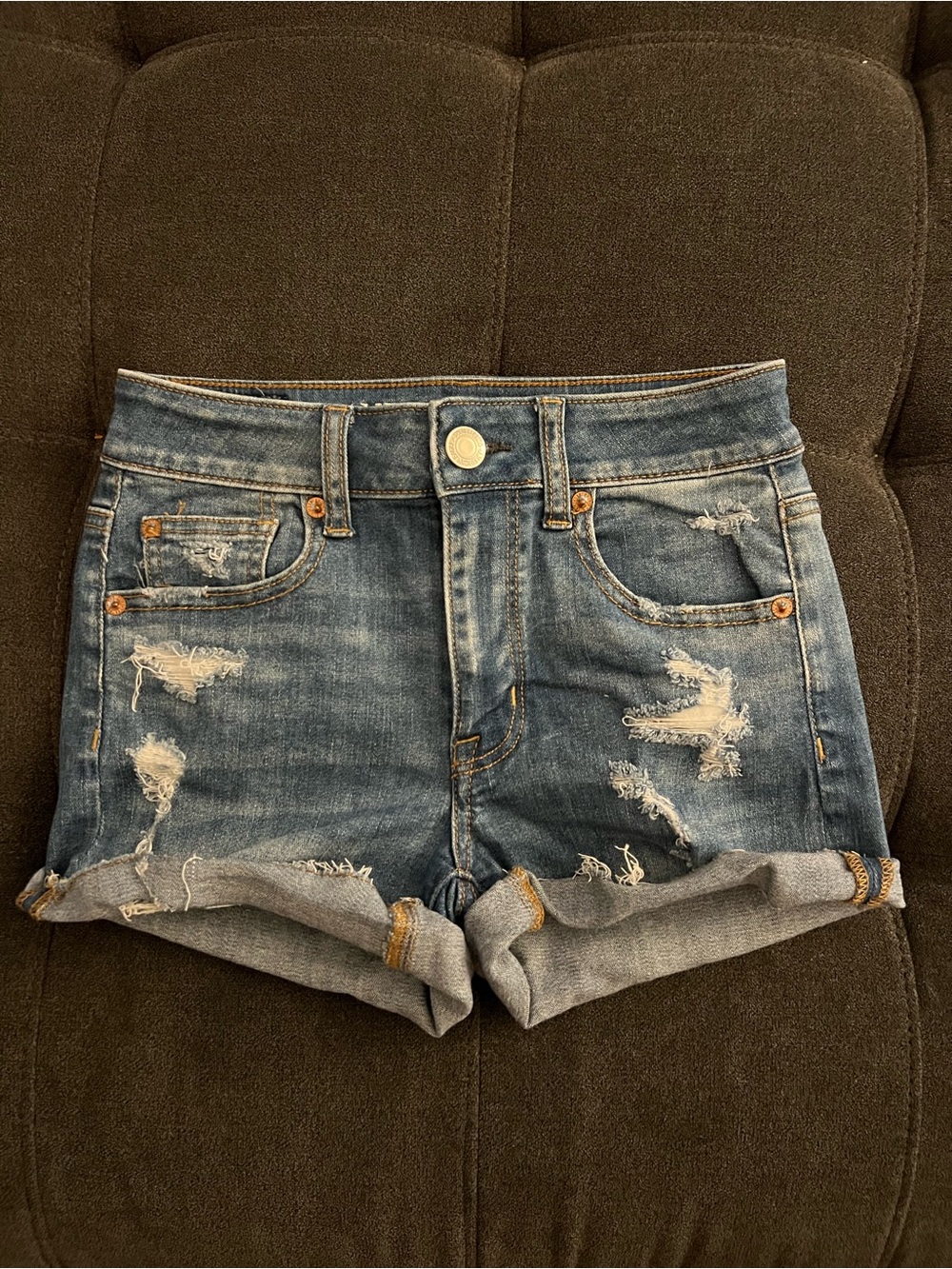American Eagle Outfitters Distressed Rolled Hem Denim Shorts- Blue Super Stretch